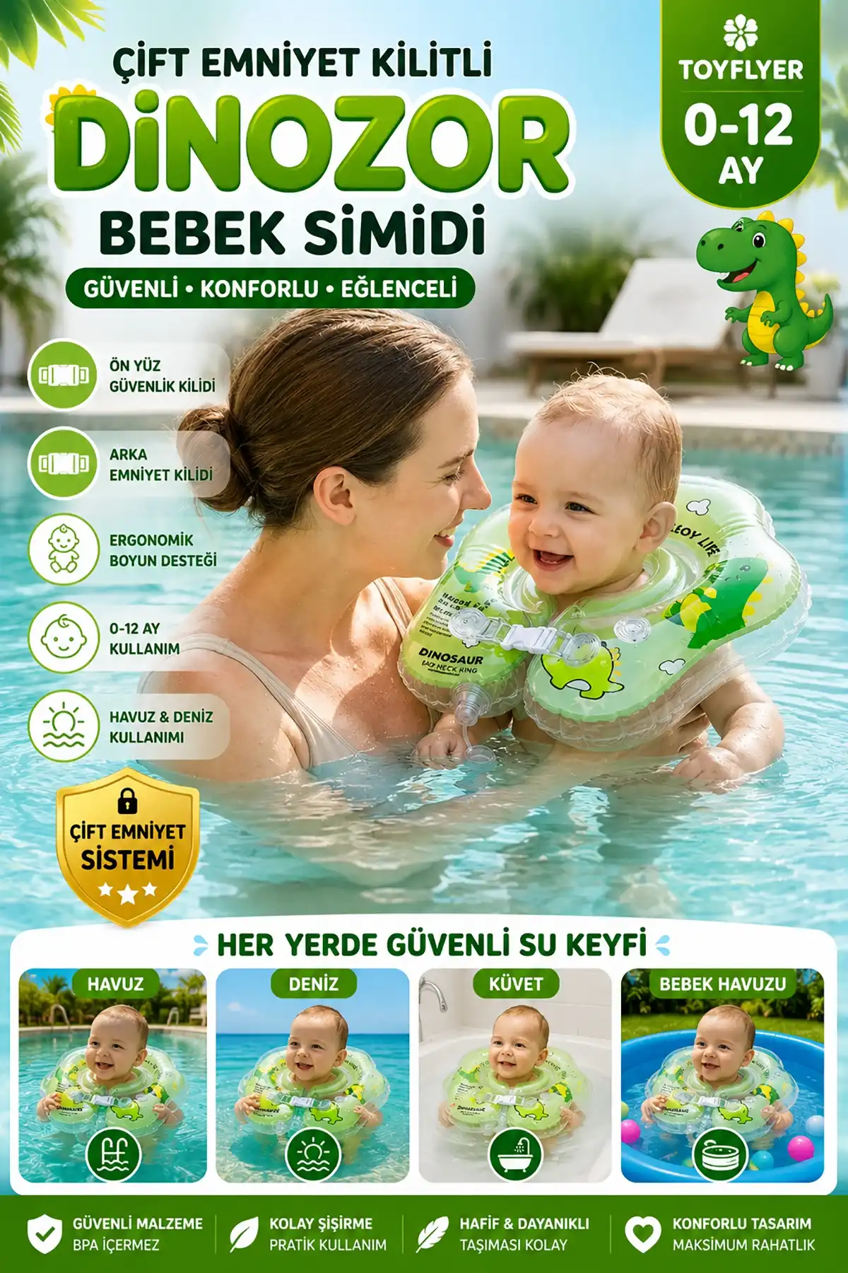 ToyFlyer Dinozor Figürlü Bebek Boyun Yüzme Simidi – Çift Emniyet Tokalı Yeşil 0-12 Ay NR003