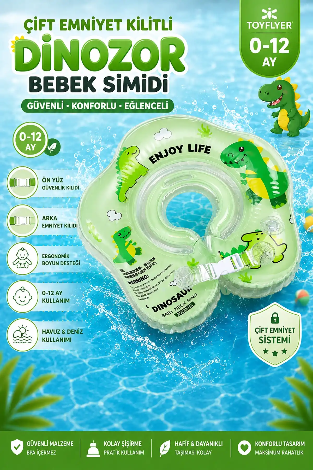 ToyFlyer Dinozor Figürlü Bebek Boyun Yüzme Simidi – Çift Emniyet Tokalı Yeşil 0-12 Ay NR003