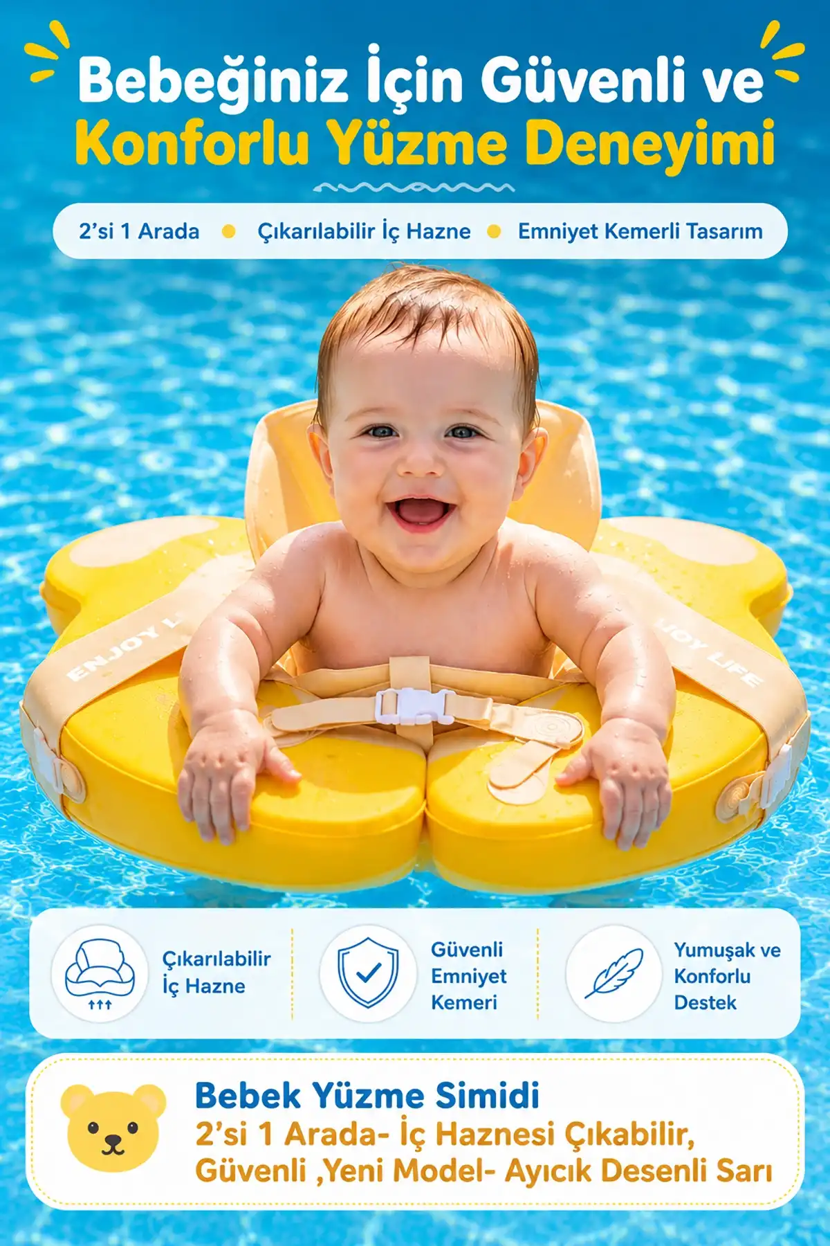 ToyFlyer 2’si 1 Arada Ayıcık Bebek Yüzme Simidi – Çıkarılabilir İç Hazneli Sarı LD002