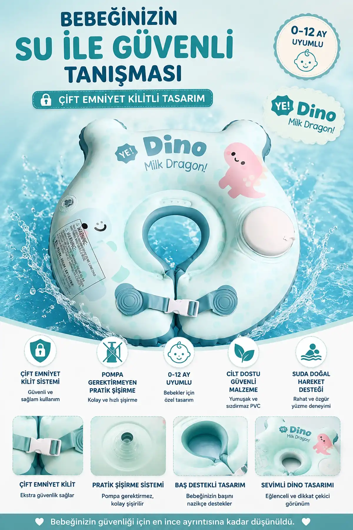 ToyFlyer Bas-Şişir Mavi Dino Bebek Boyun Yüzme Simidi – Çift Tokalı 0-12 Ay NR014