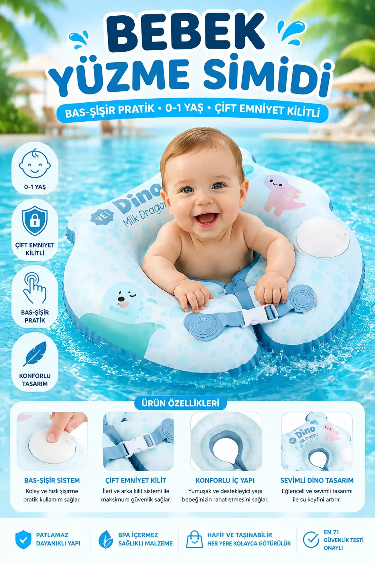 ToyFlyer Bas-Şişir Mavi Dino Bebek Boyun Yüzme Simidi – Çift Tokalı 0-12 Ay NR014