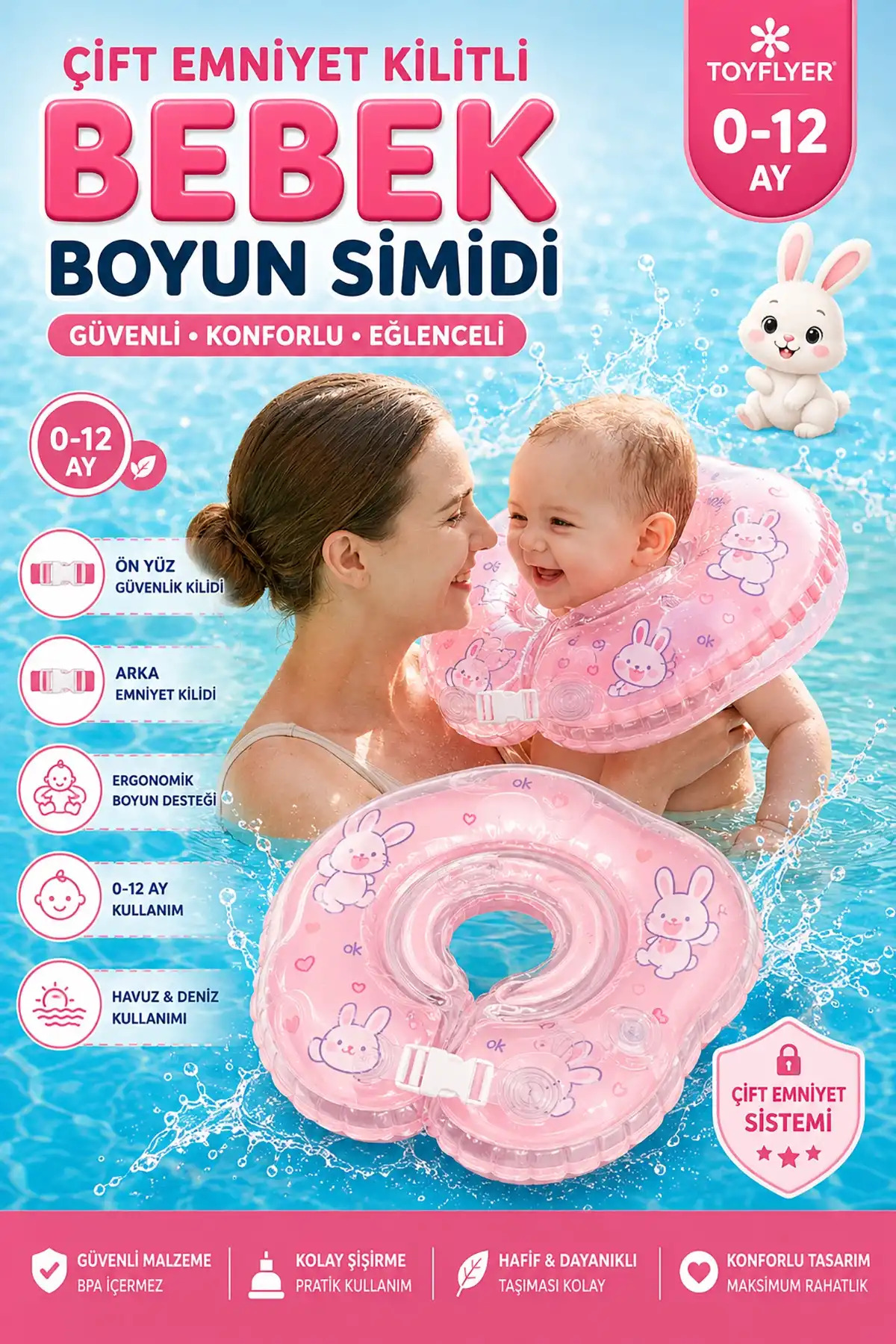 ToyFlyer Tavşan Figürlü Bebek Boyun Yüzme Simidi – Çift Emniyet Tokalı Pembe 0-12 AyNR002