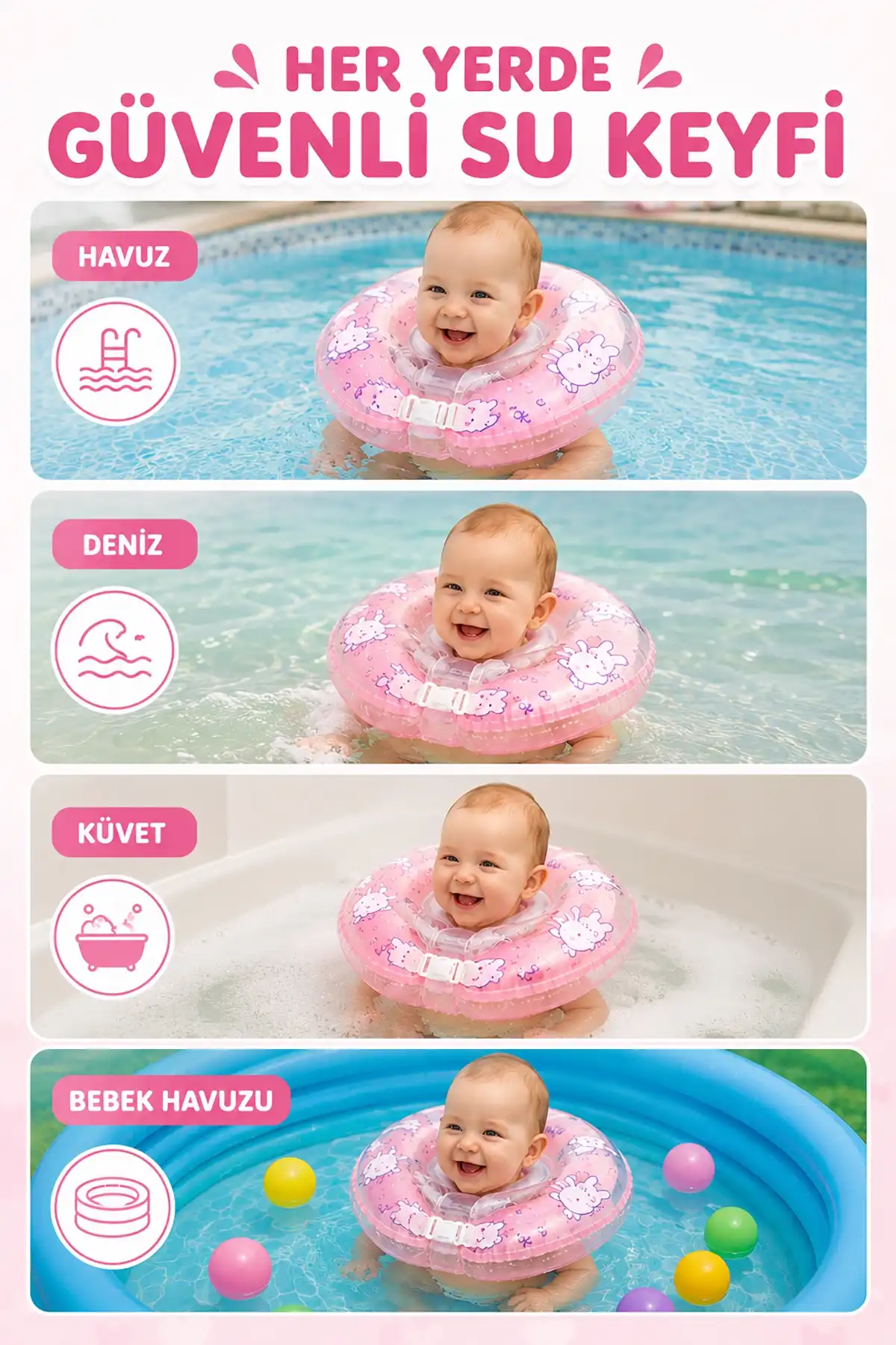ToyFlyer Tavşan Figürlü Bebek Boyun Yüzme Simidi – Çift Emniyet Tokalı Pembe 0-12 AyNR002