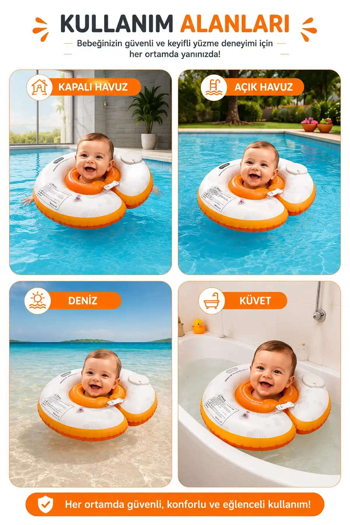 ToyFlyer Pompa Gerektirmeyen Bebek Boyun Yüzme Simidi – Çift Emniyet Tokalı Turuncu 0-12 AyNR011