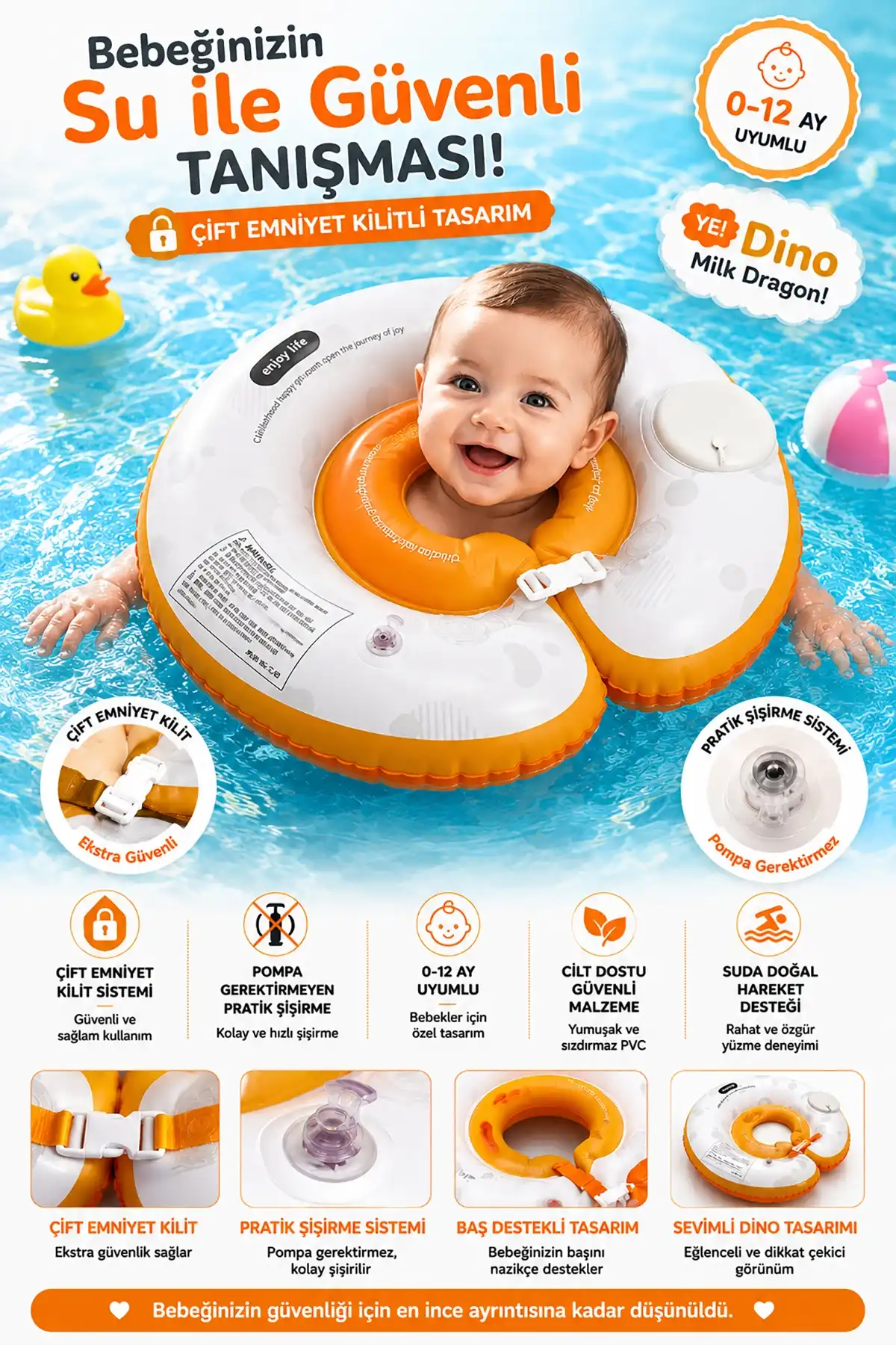 ToyFlyer Pompa Gerektirmeyen Bebek Boyun Yüzme Simidi – Çift Emniyet Tokalı Turuncu 0-12 AyNR011