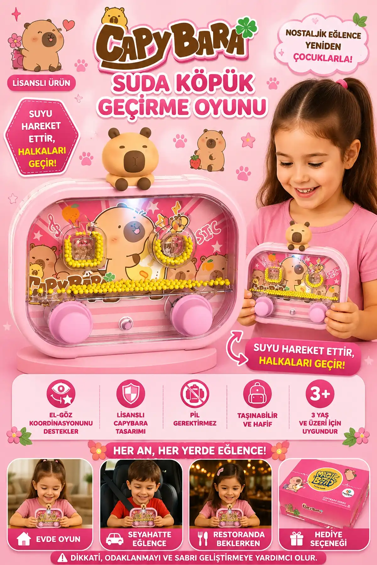 Lisanslı Capybara Halka Geçirme Su Oyunu - İki Tuşlu Işıklı 2586BC-CBPembe