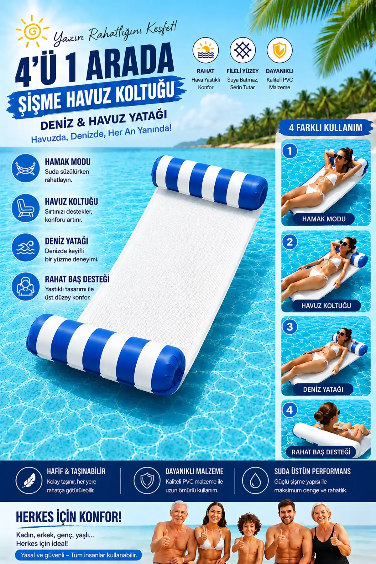 ToyFlyer 4’ü 1 Arada Fileli Deniz ve Havuz Yatağı – Hava Yastıklı Mavi PL066