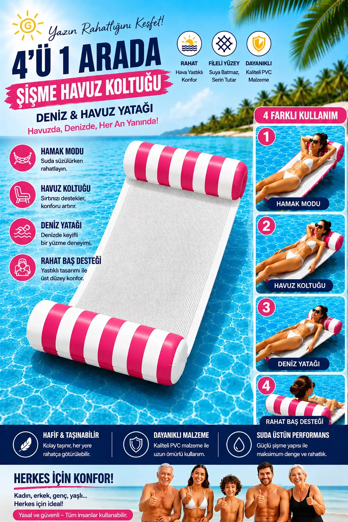 ToyFlyer 4’ü 1 Arada Fileli Deniz ve Havuz Yatağı – Hava Yastıklı Pembe PL069