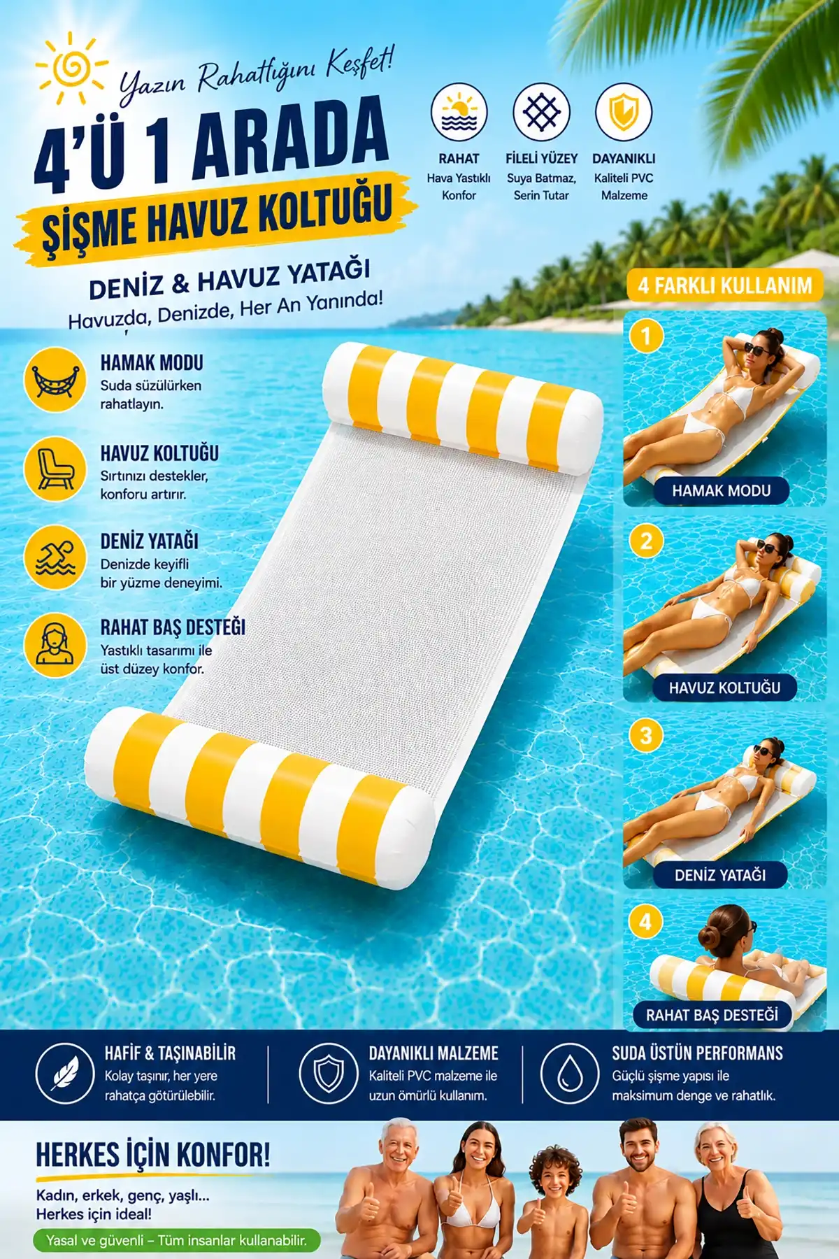 ToyFlyer 4’ü 1 Arada Fileli Deniz ve Havuz Yatağı – Hava Yastıklı Sarı PL067