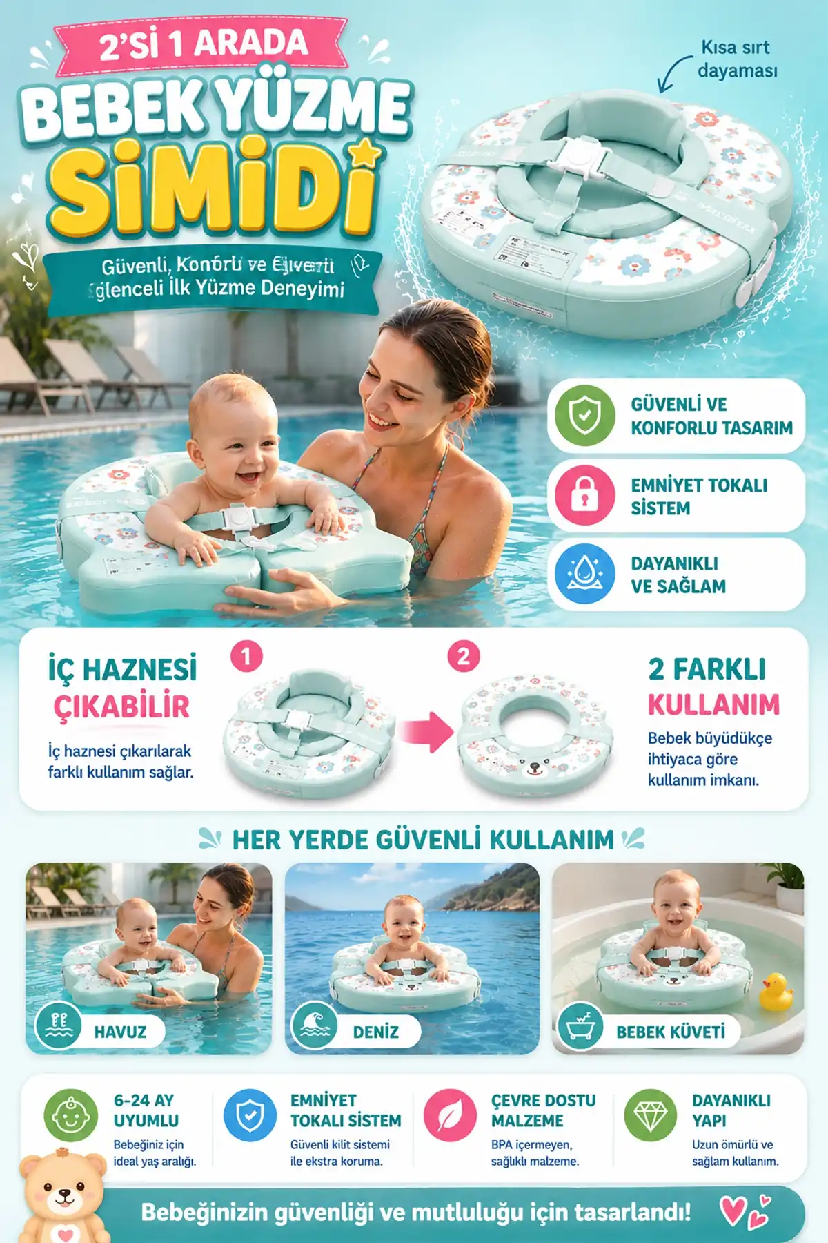 ToyFlyer 2si 1 Arada Dinozor Bebek Yüzme Simidi – Sökülebilir Oturaklı Büyüyen Model LD003