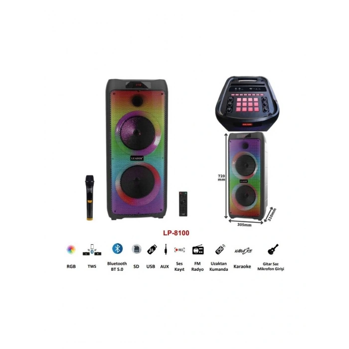 Leader LP-8100 8 Incx2 Rgb Taşınabilir Ses Sistemi