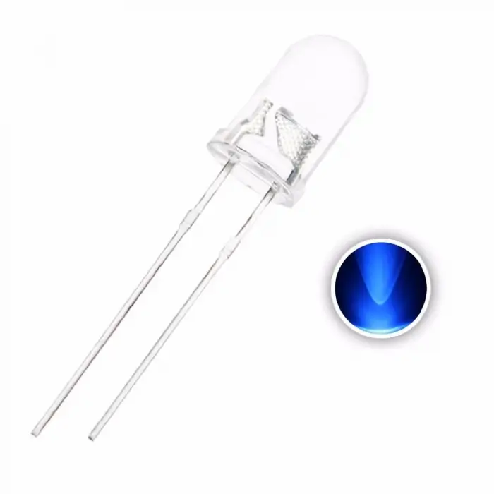 5mm Şeffaf Mavi LED - Yüksek Parlaklık - Teknik Aydınlatma ve Sinyalizasyon Diyodu