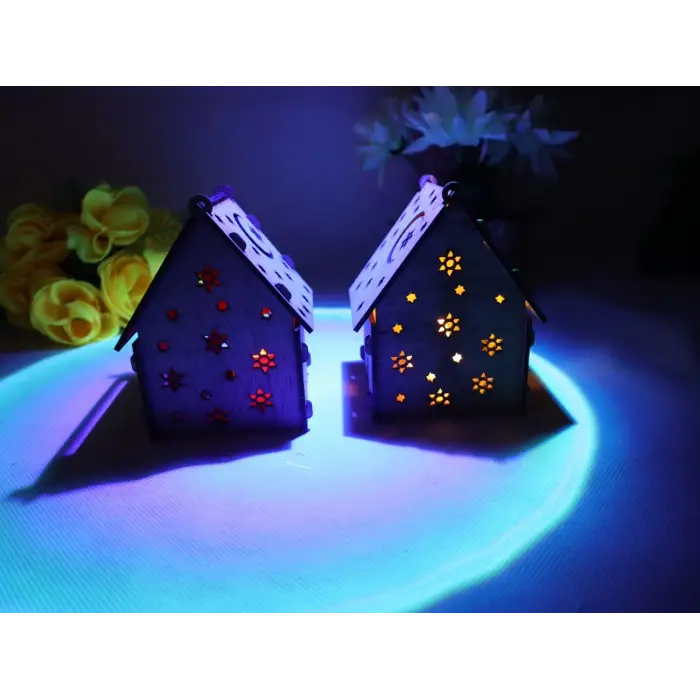 Boyanabilir Ahşap Ev Gece Lambası - 3mm MDF Lazer Kesim Hobi Seti