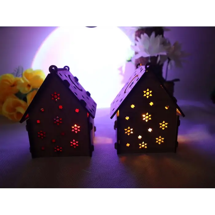 Boyanabilir Ahşap Ev Gece Lambası - 3mm MDF Lazer Kesim Hobi Seti