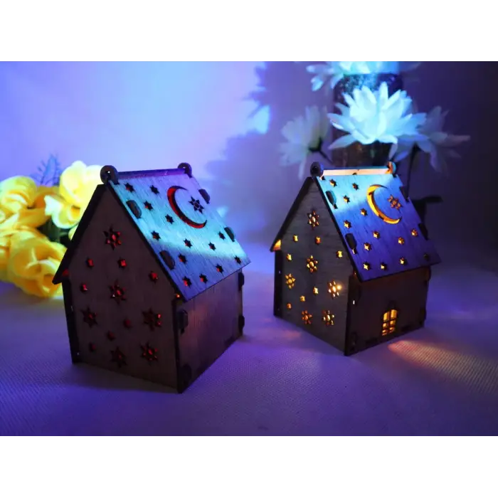 Boyanabilir Ahşap Ev Gece Lambası - 3mm MDF Lazer Kesim Hobi Seti