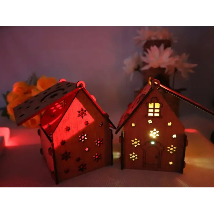Boyanabilir Ahşap Ev Gece Lambası - 3mm MDF Lazer Kesim Hobi Seti