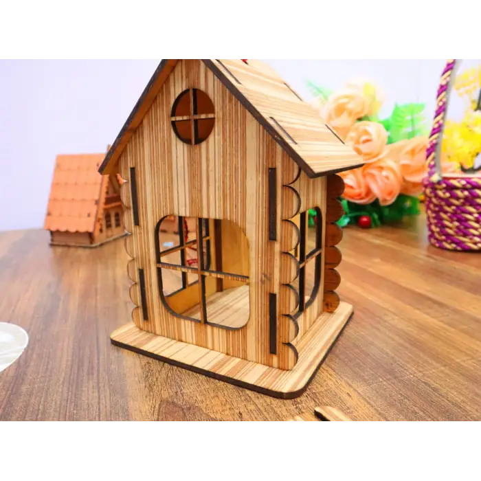 Boyanabilir Minyatür Ahşap Ev Maketi - 3mm MDF Lazer Kesim Hobi Seti