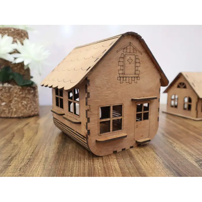 Boyanabilir Dekoratif Ahşap Ev Maketi - 3mm MDF Lazer Kesim Hobi Seti