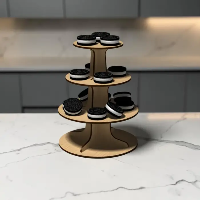 Ahşap 3 Katlı Dairesel Cupcake, Kurabiye ve İkramlık Teşhir Standı