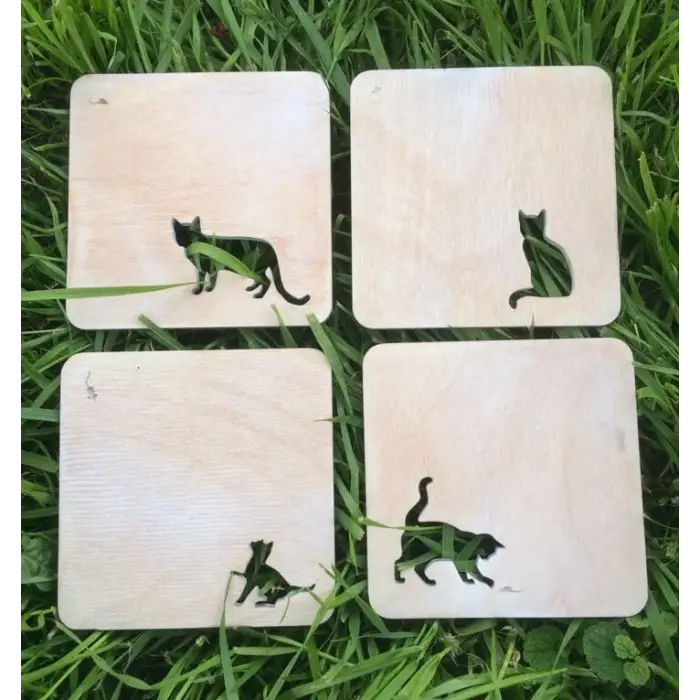 Ahşap Kedi Modelli Bardak Altlığı 6 lı Set