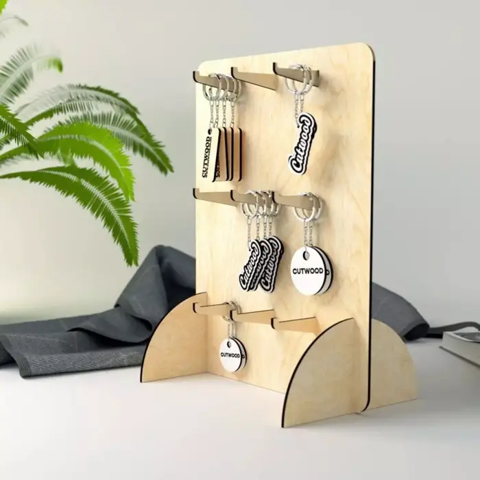 Ahşap MDF Anahtarlık Takı Teşhir Standı | 9 Çubuklu 30x20cm Sunum Ünitesi