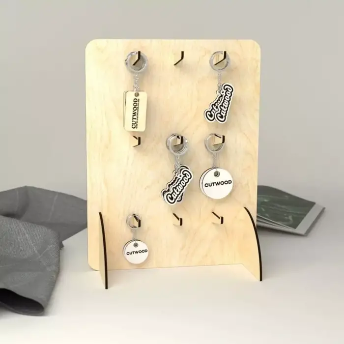Ahşap MDF Anahtarlık Takı Teşhir Standı | 9 Çubuklu 30x20cm Sunum Ünitesi