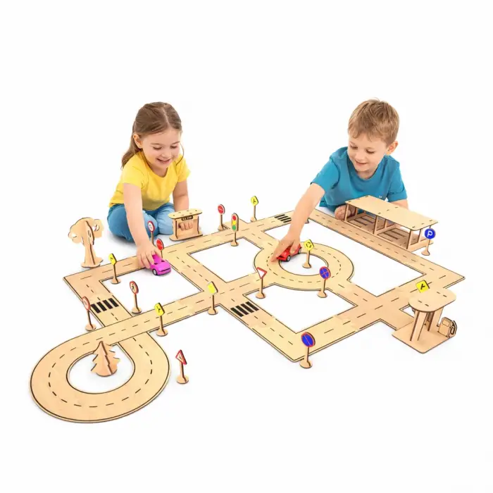 Ahşap MDF Araç Parkuru Şehir Trafik Eğitim Seti 80x60 cm