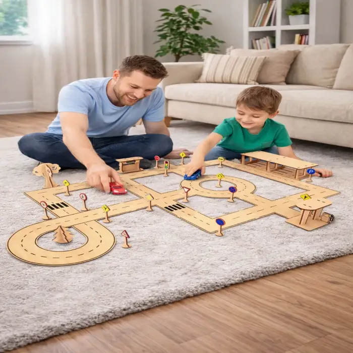 Ahşap MDF Araç Parkuru Şehir Trafik Eğitim Seti 80x60 cm