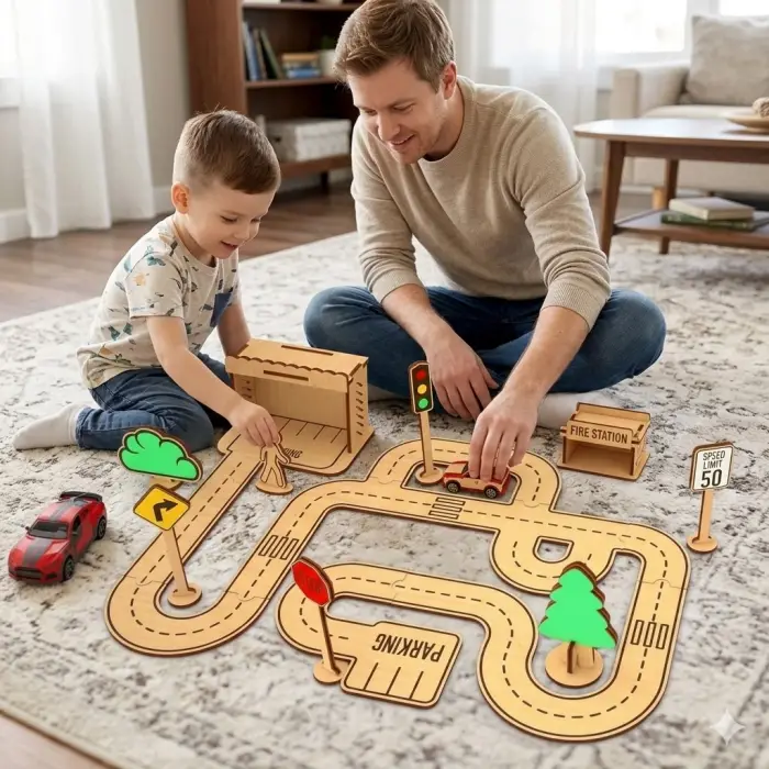 Ahşap MDF Çocuk Şehir Trafik Eğitim Parkuru Oyun Seti 80x80 cm