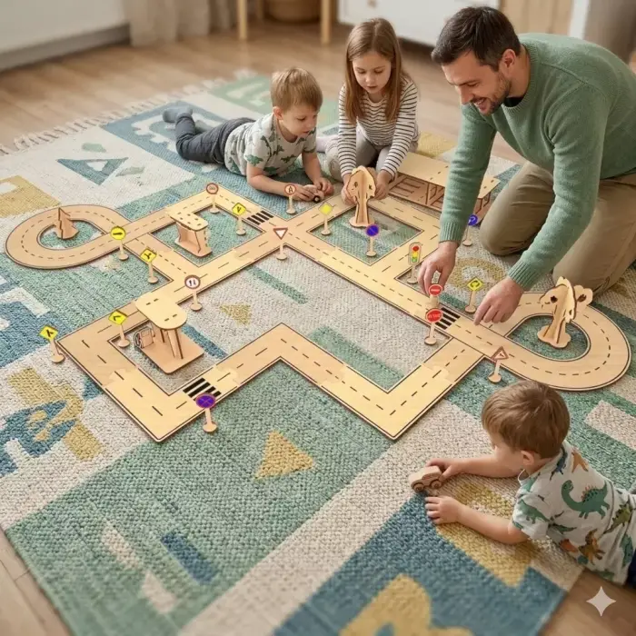 Ahşap MDF Çocuk Trafik Eğitim Oyun Parkuru Şehir Seti 90x70 cm