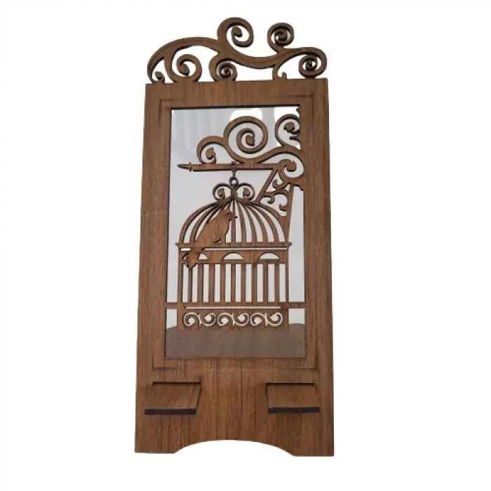 Ahşap MDF Telefon Standı – Kafes Figürlü Dekoratif Model (8.5x17.5 cm)