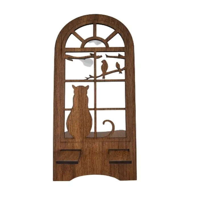 Ahşap MDF Telefon Standı - Penceredeki Meraklı Kedi Model (8.5x17.5 cm)