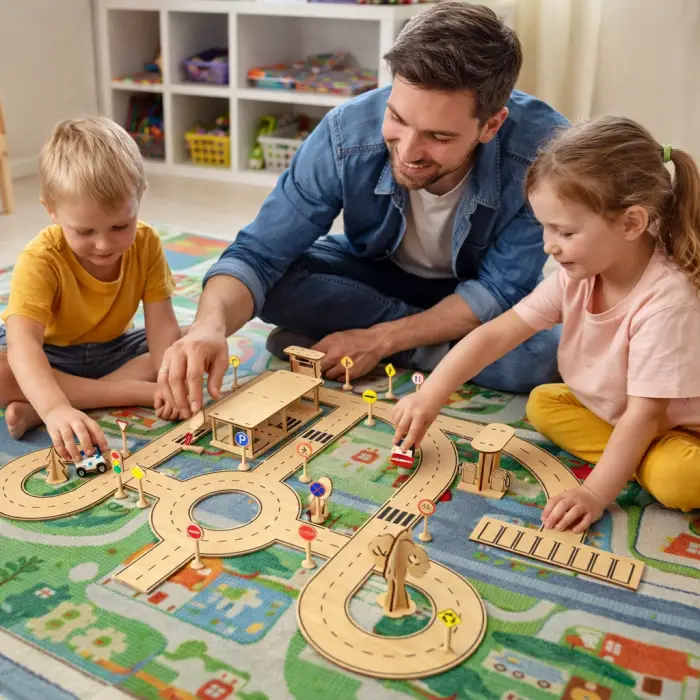 Ahşap MDF Trafik Kuralları Eğitim Araç Parkuru Şehir Seti 90x70 cm