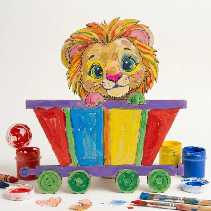 Boyanabilir Ahşap Vagonlu Aslan Figürü 13x13 cm