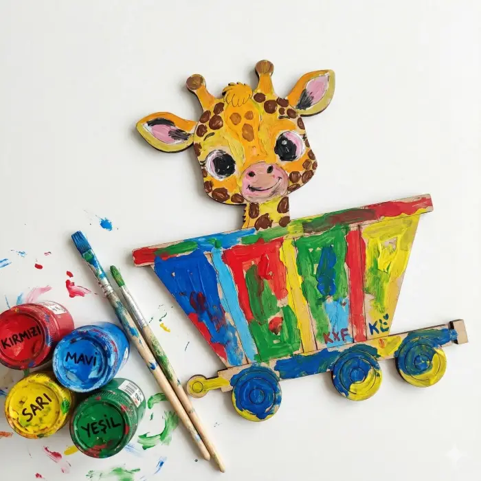 Boyanabilir Ahşap Vagonlu Zürafa Figürü 14x13 cm