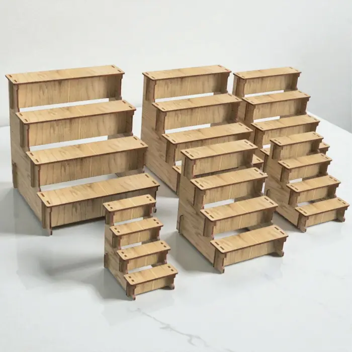 Hexa-Step 4 Raflı Ahşap MDF Teşhir Vitrin Standı Serisi (6 Farklı Ölçü)
