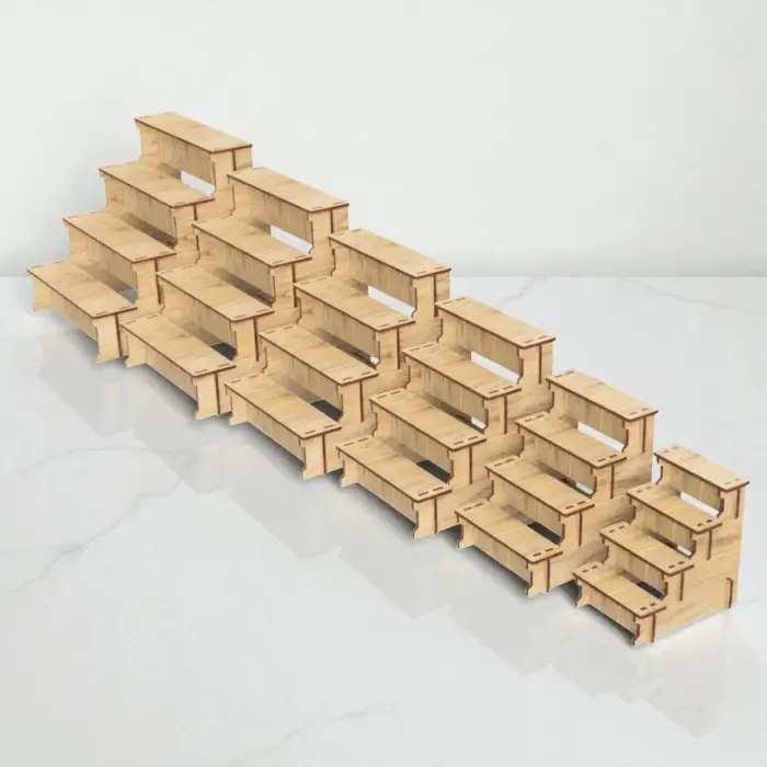 Hexa-Step 4 Raflı Ahşap MDF Teşhir Vitrin Standı Serisi (6 Farklı Ölçü)