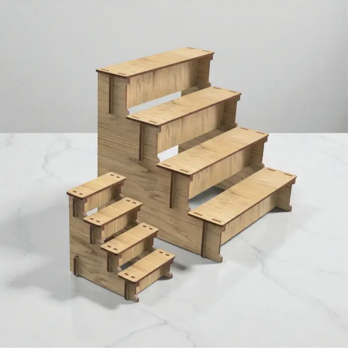 Hexa-Step 4 Raflı Ahşap MDF Teşhir Vitrin Standı Serisi (6 Farklı Ölçü)