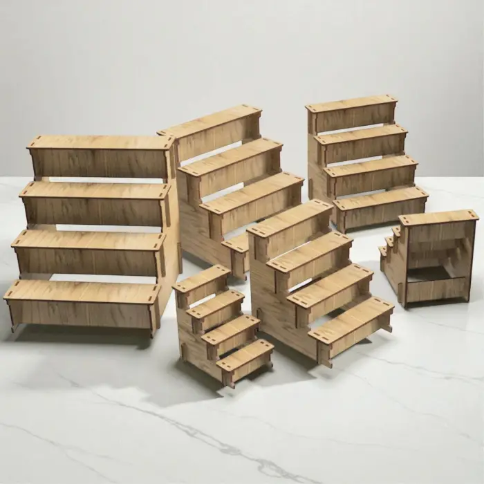 Hexa-Step 4 Raflı Ahşap MDF Teşhir Vitrin Standı Serisi (6 Farklı Ölçü)
