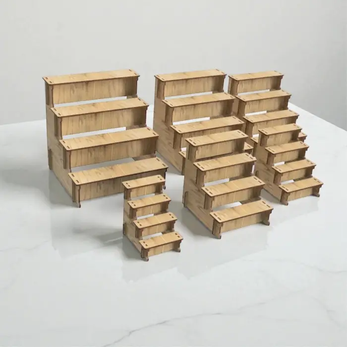 Hexa-Step 4 Raflı Ahşap MDF Teşhir Vitrin Standı Serisi (6 Farklı Ölçü)