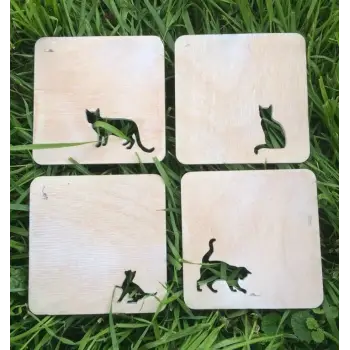 Ahşap Kedi Modelli Bardak Altlığı 6 lı Set