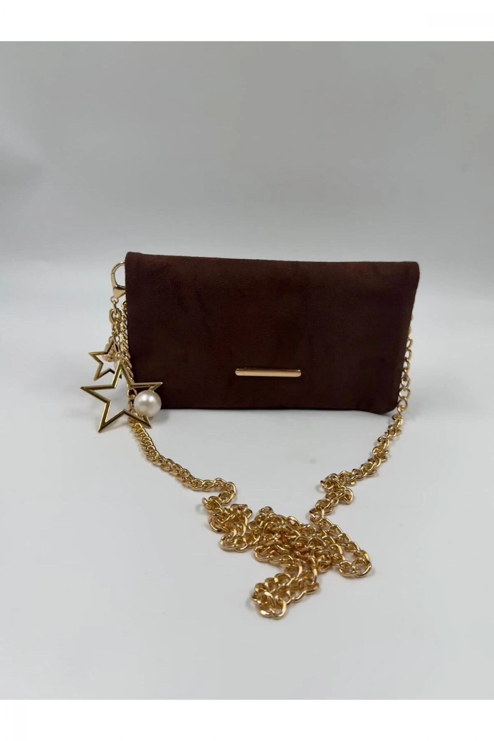 Kadın Süet Zincir Askılı Charm Detaylı Clutch Çanta