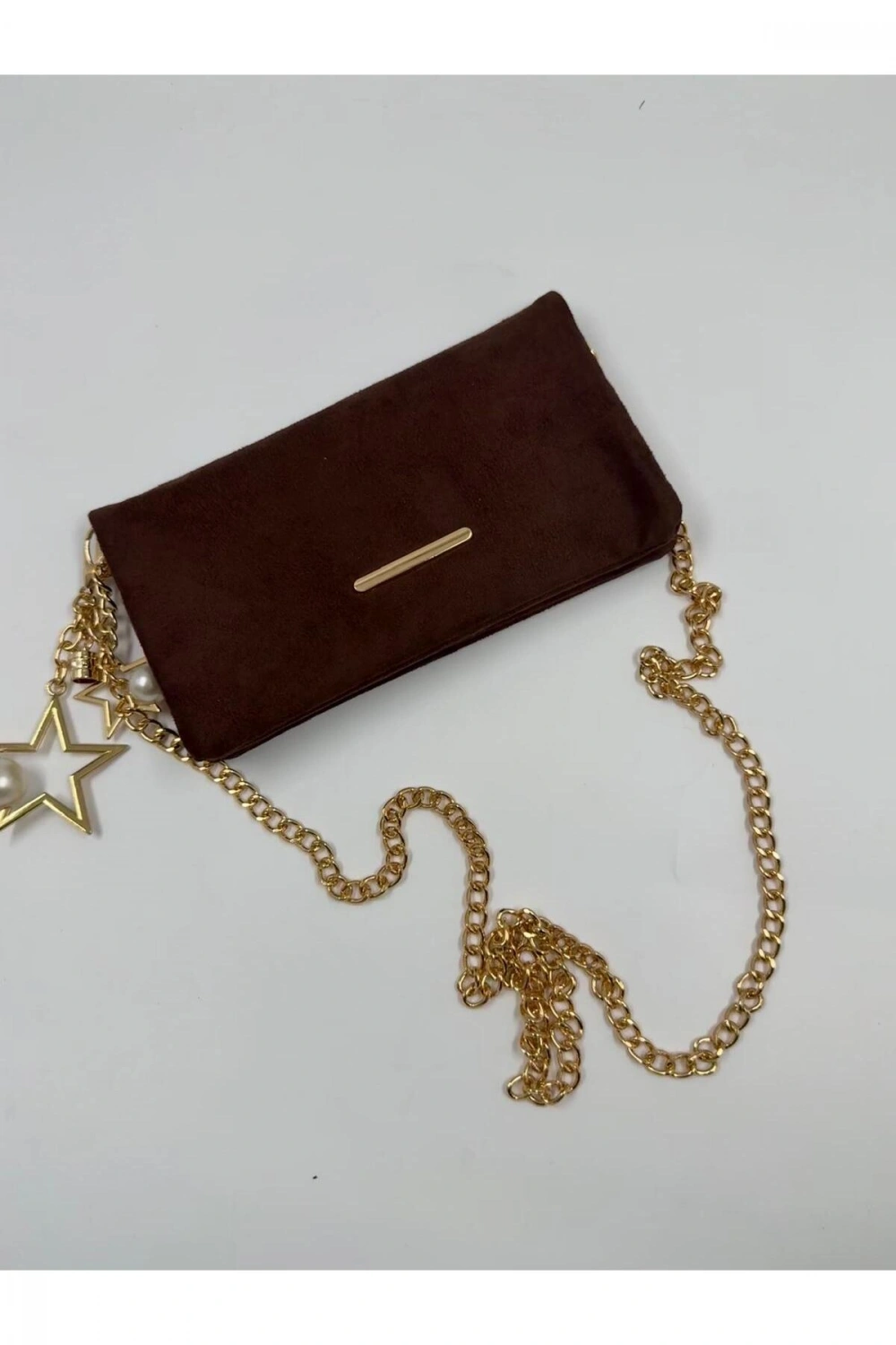 Kadın Süet Zincir Askılı Charm Detaylı Clutch Çanta