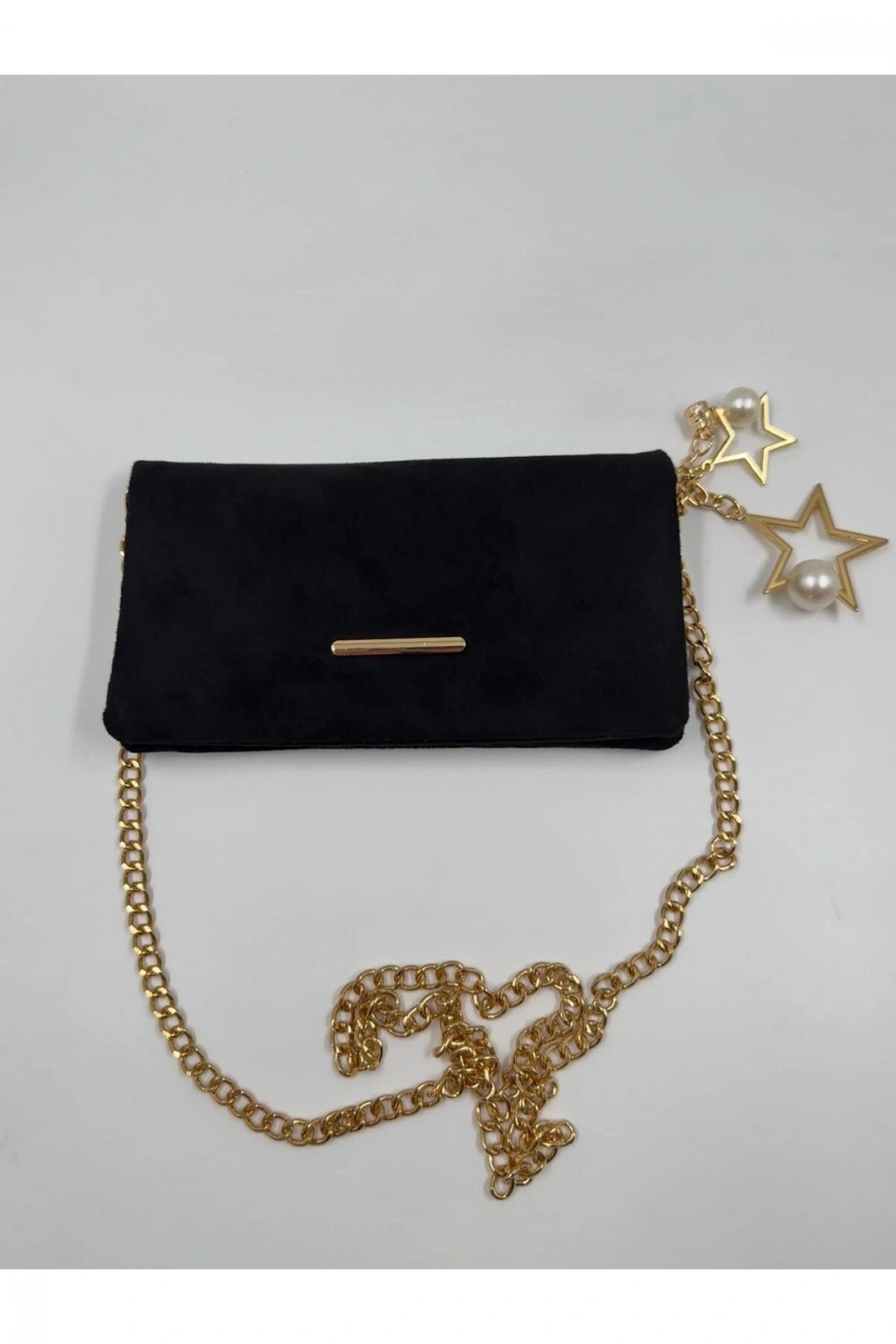 Kadın Süet Zincir Askılı Charm Detaylı Clutch Çanta