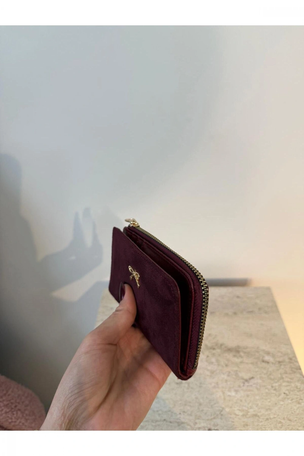 Fiyonk Detaylı Bordo Süet Kadın Cüzdan