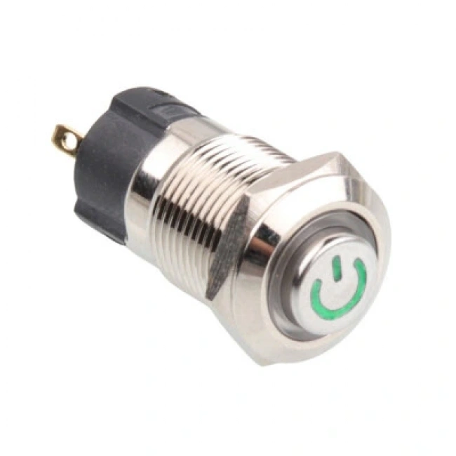 WD12A-G1-C 12mm Çıkık Yaylı Işıklı Power Metal Buton - Yeşil