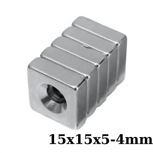 15x15x5-4mm Havşa Delikli Neodyum Güçlü Mıknatıs - Neodim Magnet