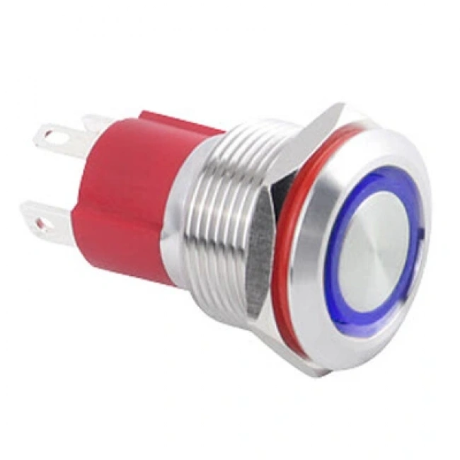 WD19D-P1-E 19mm Düz Yaylı Işıklı Metal Buton - Mavi