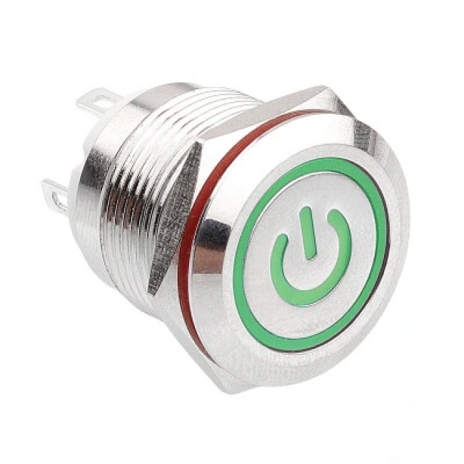 19H-P1-EC 19mm Düz Yaylı Işıklı Power Metal Buton - Yeşil