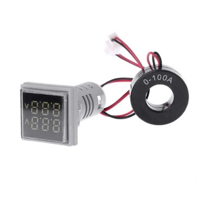 22mm Dijital Voltmetre-Ampermetre AC 20-500V 0-100A Beyaz